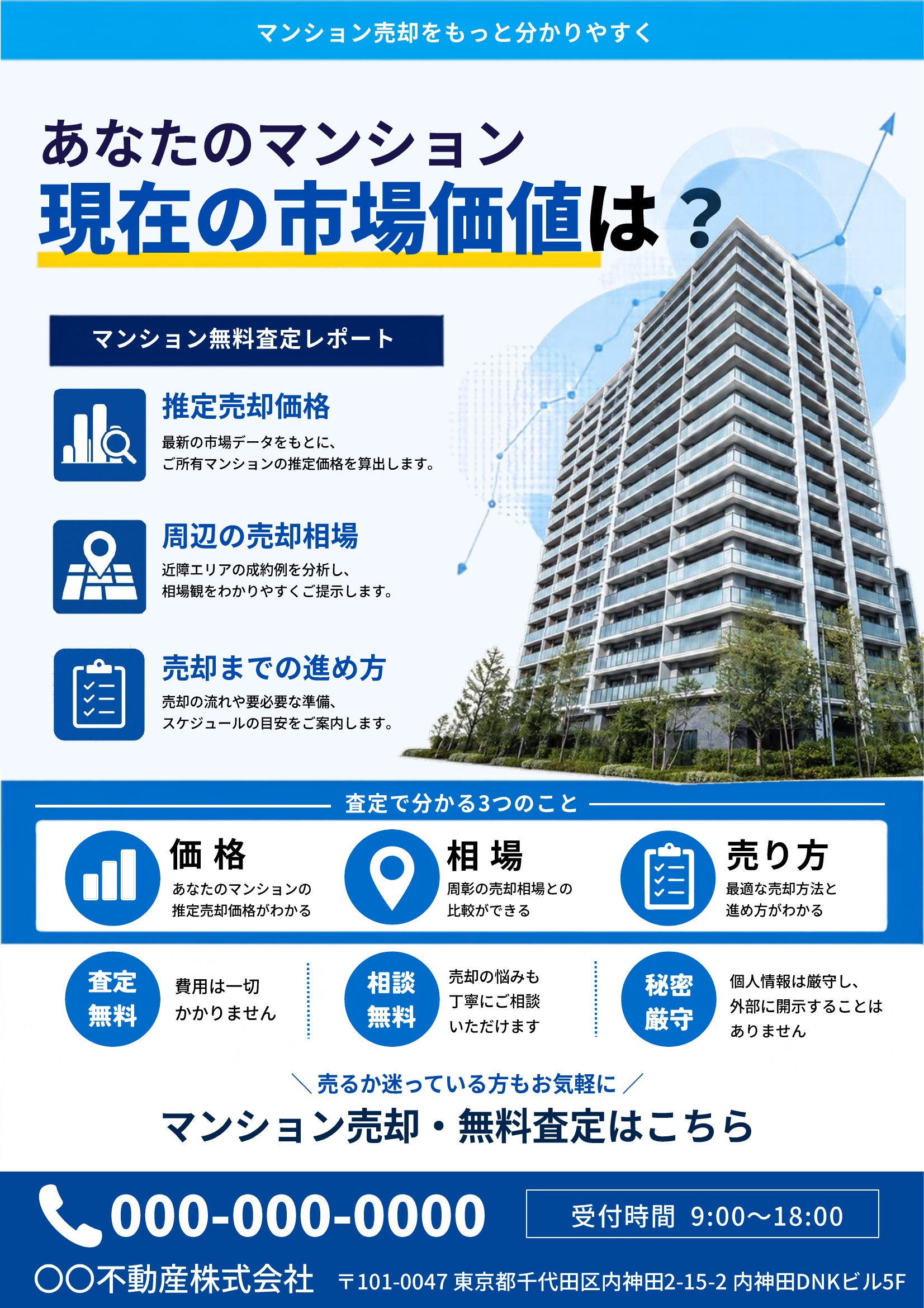 売り求むチラシテンプレート｜マンション｜青基調｜信頼感