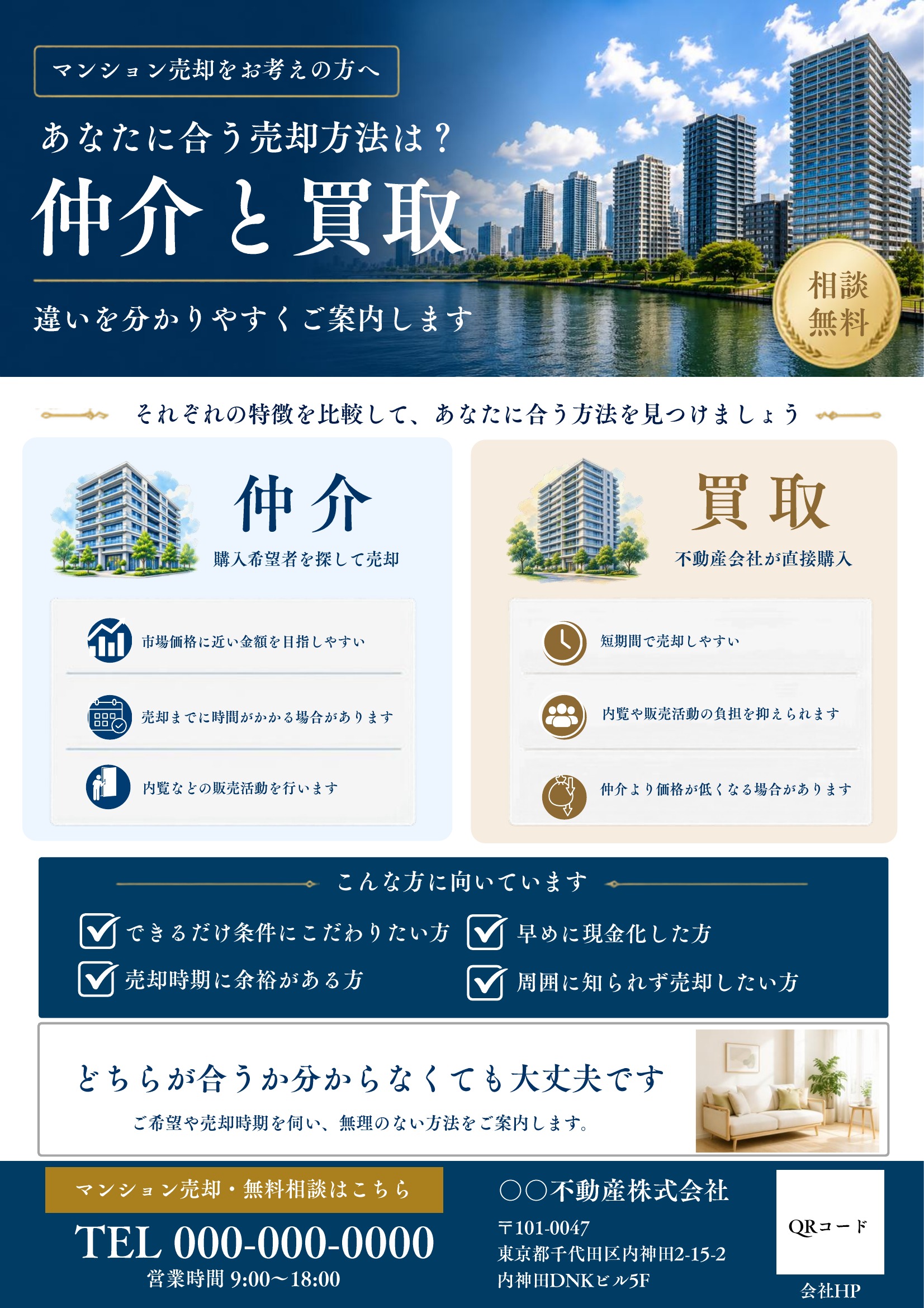 売り求むチラシテンプレート｜マンション｜紺・青基調｜高級感