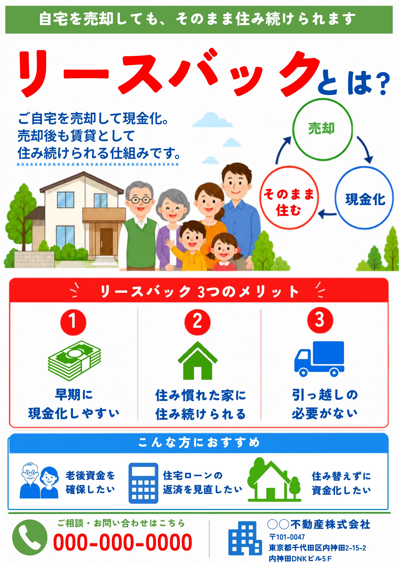 リースバックチラシテンプレート｜緑基調｜イラスト
