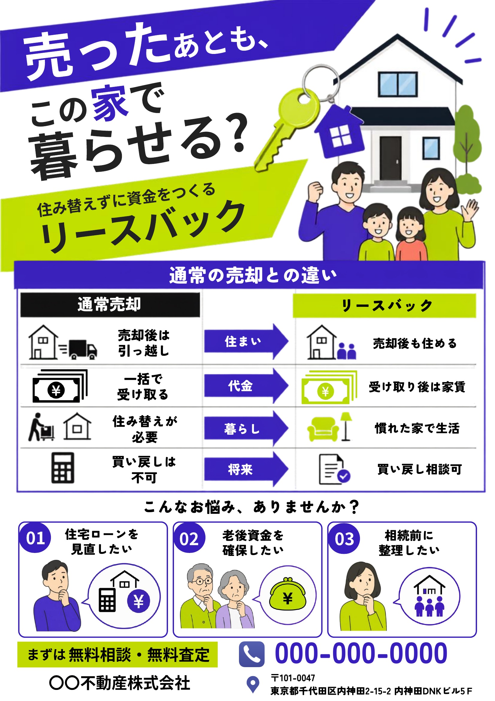 リースバックチラシテンプレート|紫基調|イラスト