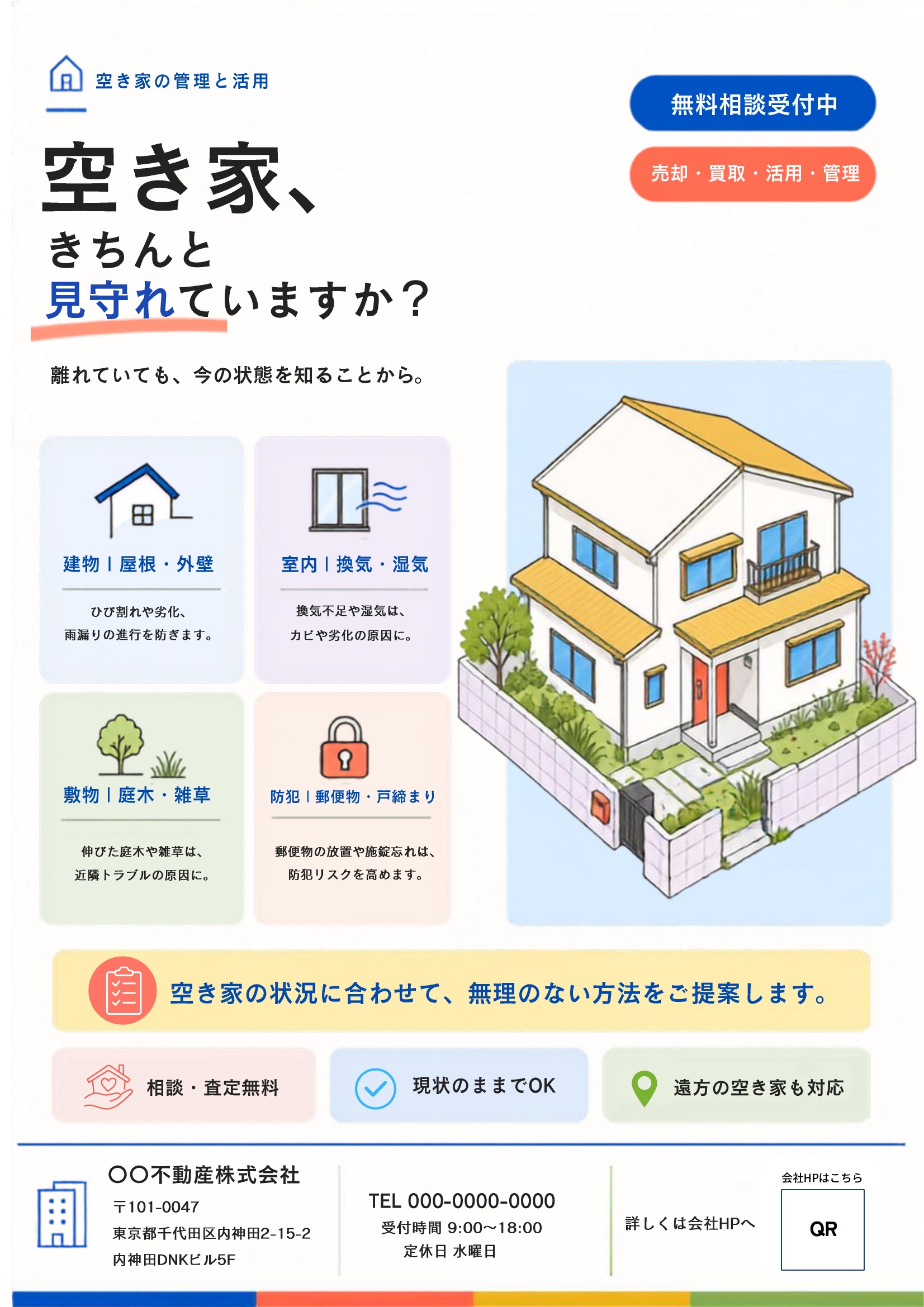 空き家相談チラシテンプレート｜青基調｜イラスト