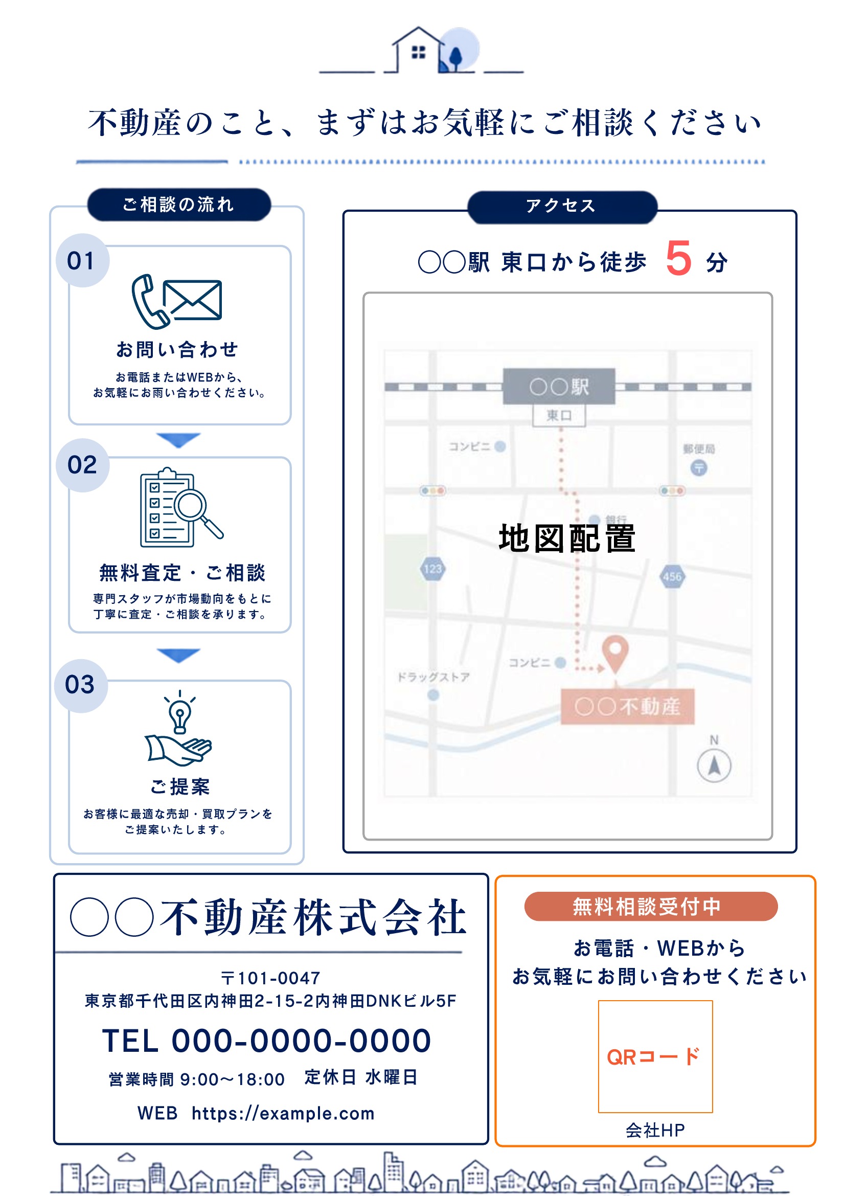 不動産チラシ裏面テンプレート|紺基調|見やすい