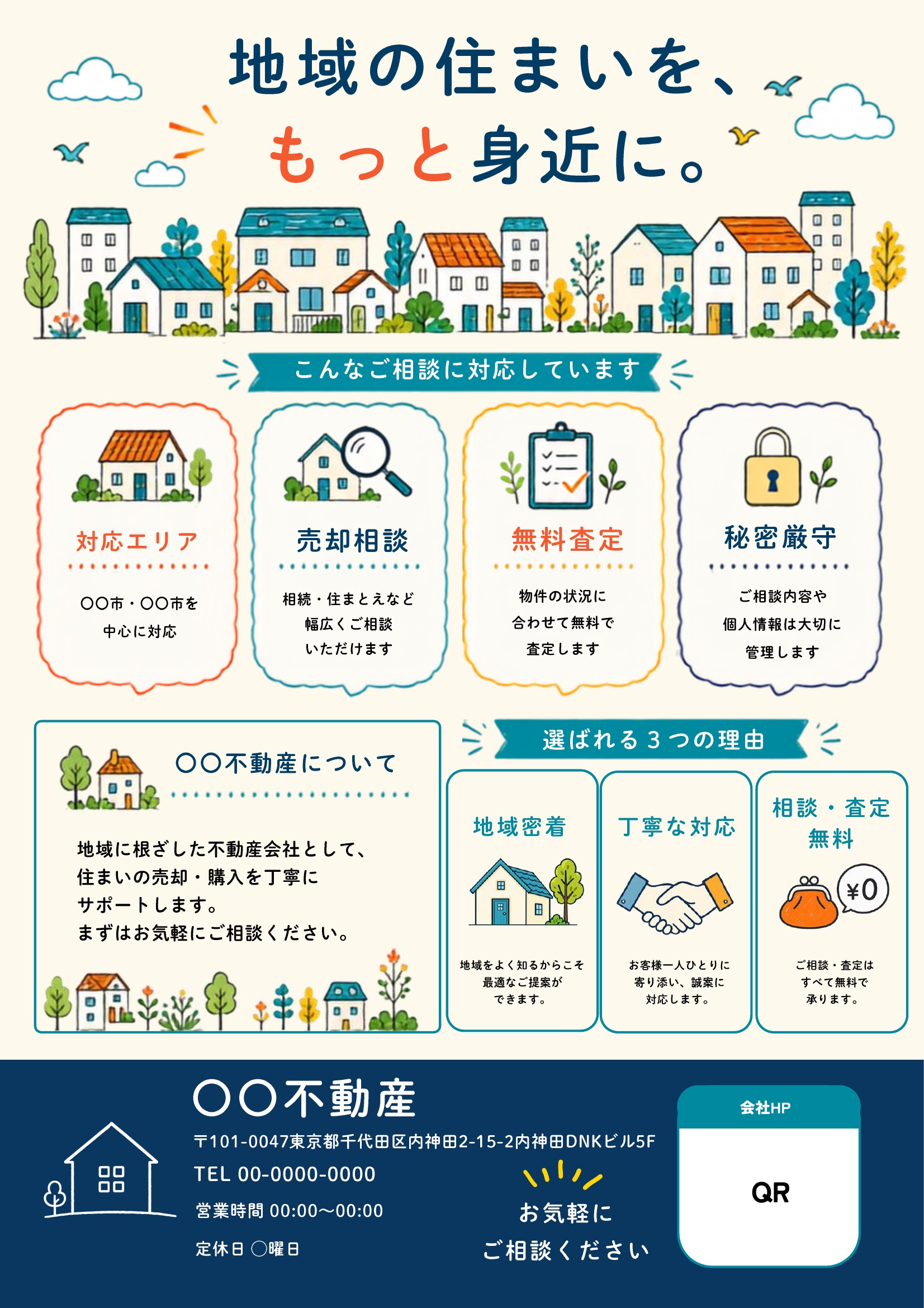 不動産チラシ裏面テンプレート｜青・黄基調｜イラスト・親しみやすい